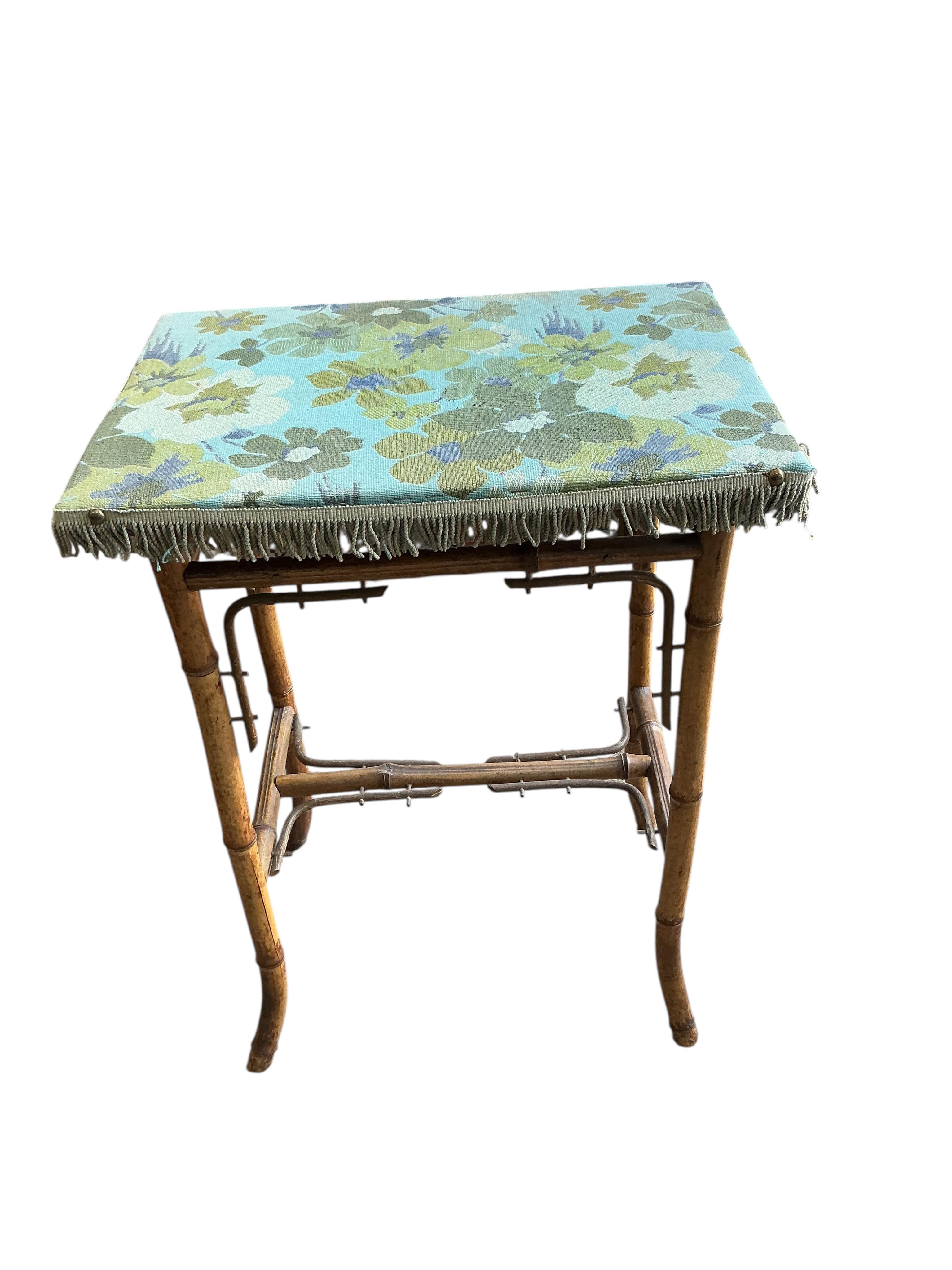 An early 20th century French rectangular bamboo occasional table, width 50cm, depth 36cm, height 71cm together with a lacquered bamboo three tier cake stand